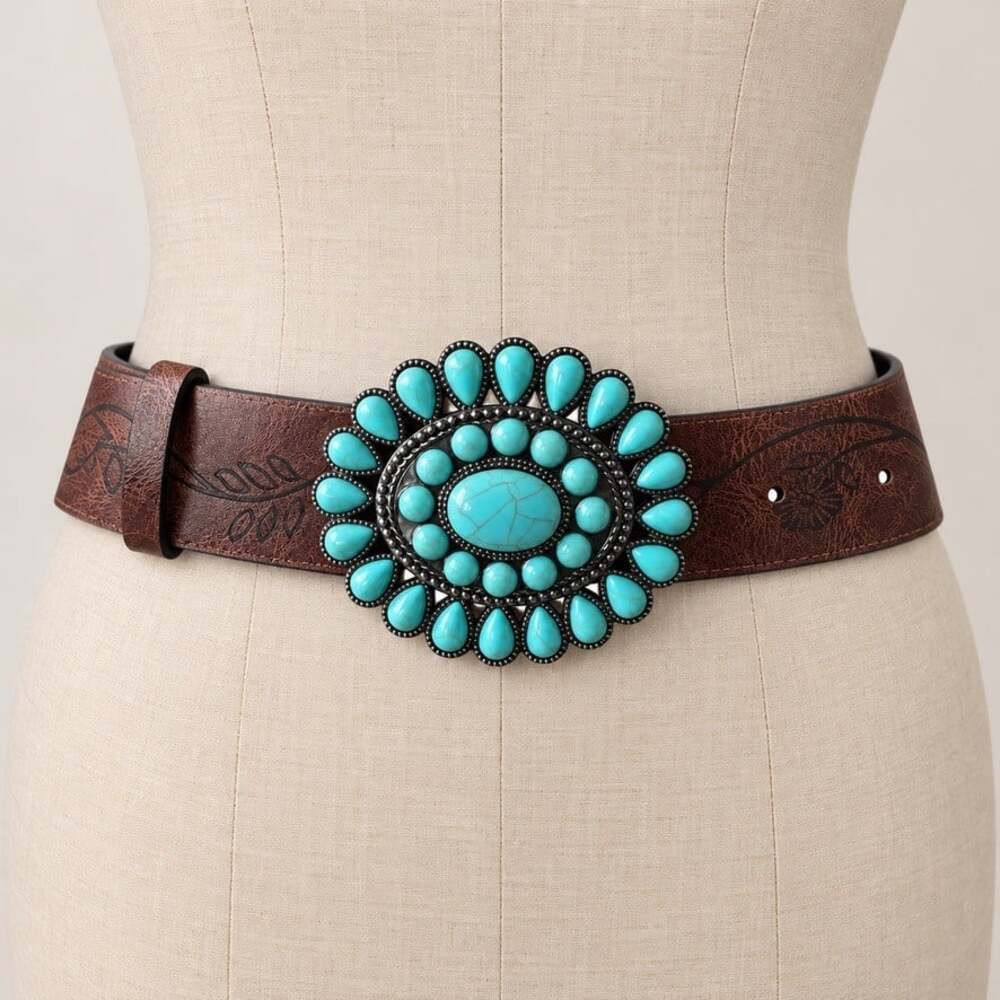 Women Southwestern cabochon Turquoise Concho Belt Brown Floral Vegan Leather